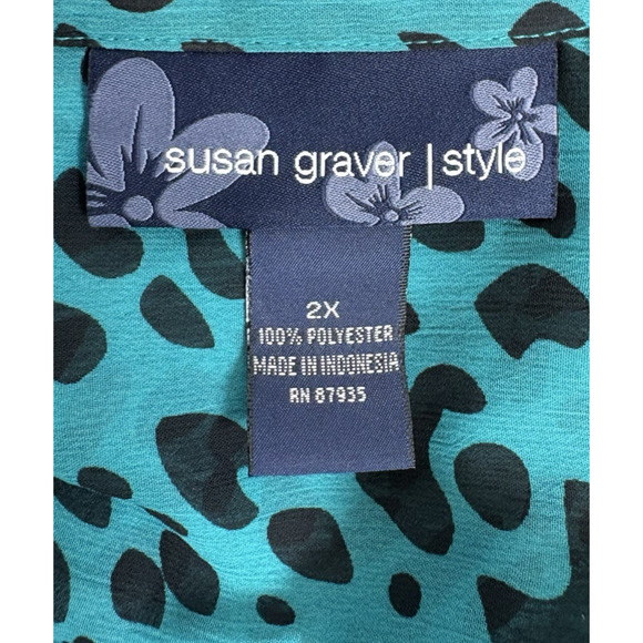Susan Graver Style 2X Short Sleeve Top Sheer Blue Black Jaguar Pleated Buttons - Picture 3 of 10
